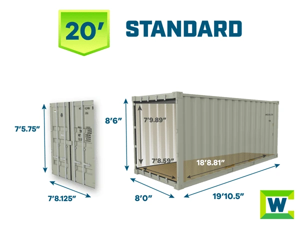 20-foot standard shipping container exterior and interior dimensions diagram