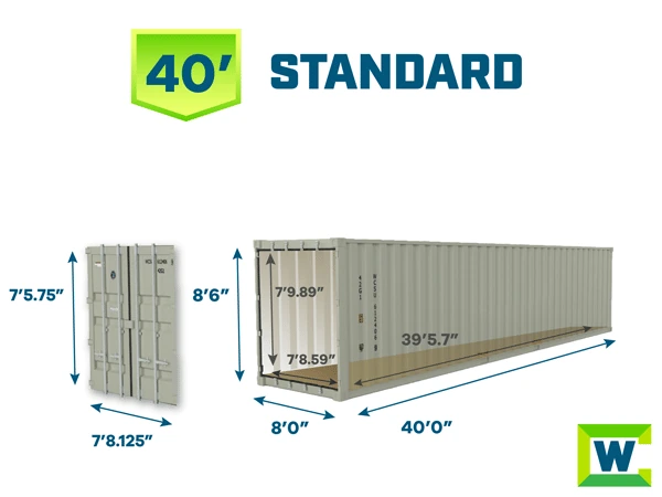 40-foot standard shipping container exterior and interior dimensions diagram