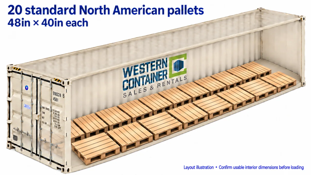 Cutaway of a 40-foot container holding 20 standard North American pallets