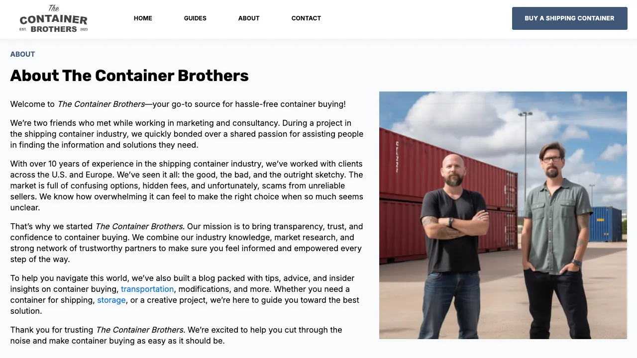 The Container Brothers about page presenting itself as an independent buying resource