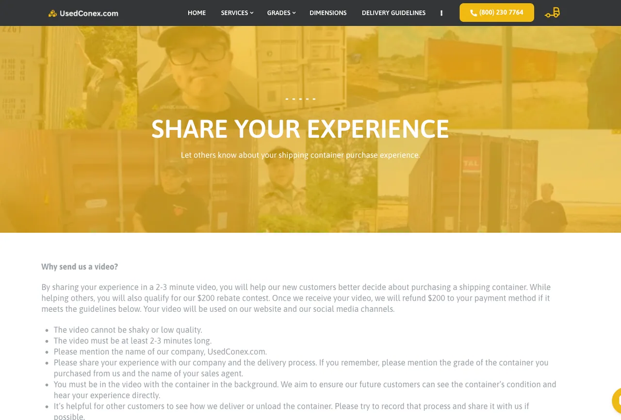 Used Conex webpage offering a $200 rebate for a video that names the company
